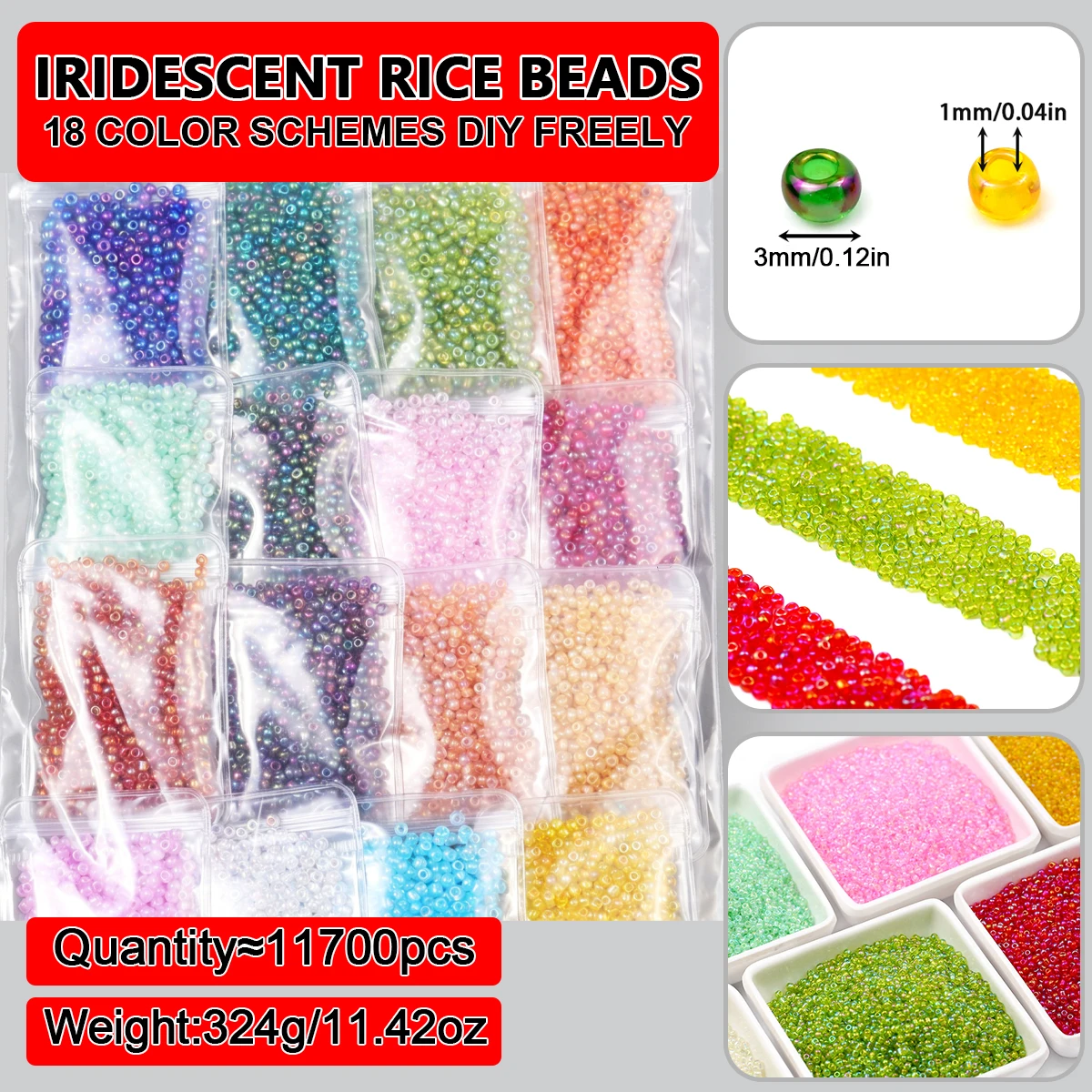18colors 3mm 11700Pcs Iridescent Multicoloured Glass Beads Ideal for Making Your Own Jewellery Such As Bracelets and Necklaces