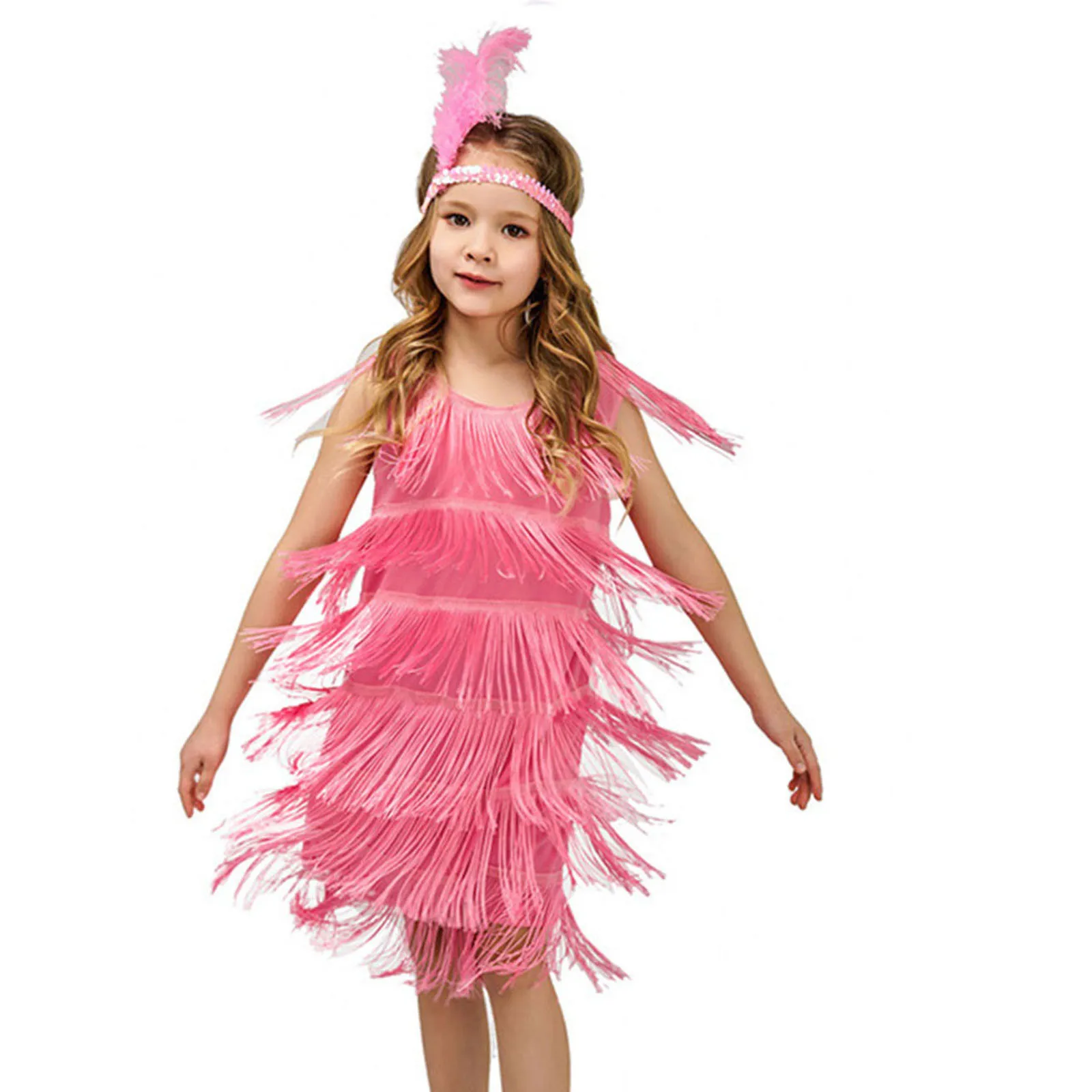 Kids Fringe Skirt Girls Flapper Dress Sequins Fringe Latin Dance Dress Tassel Tango Dress Costume With Feather Headband Clothing