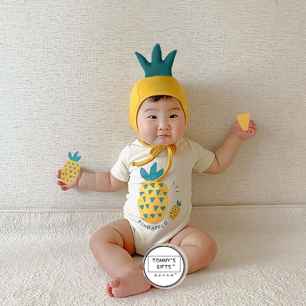2026 Summer New Baby Short Sleeve Bodysuit + Hat Infant Boy Girl Cute Breathable Pineapple Print Jumpsuit Newborn Clothes 0-24M