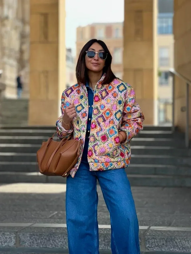 Chaquetas de algodón acolchadas con estampado para mujer, abrigo elegante de manga larga con cuello levantado y botonadura única, ropa de calle