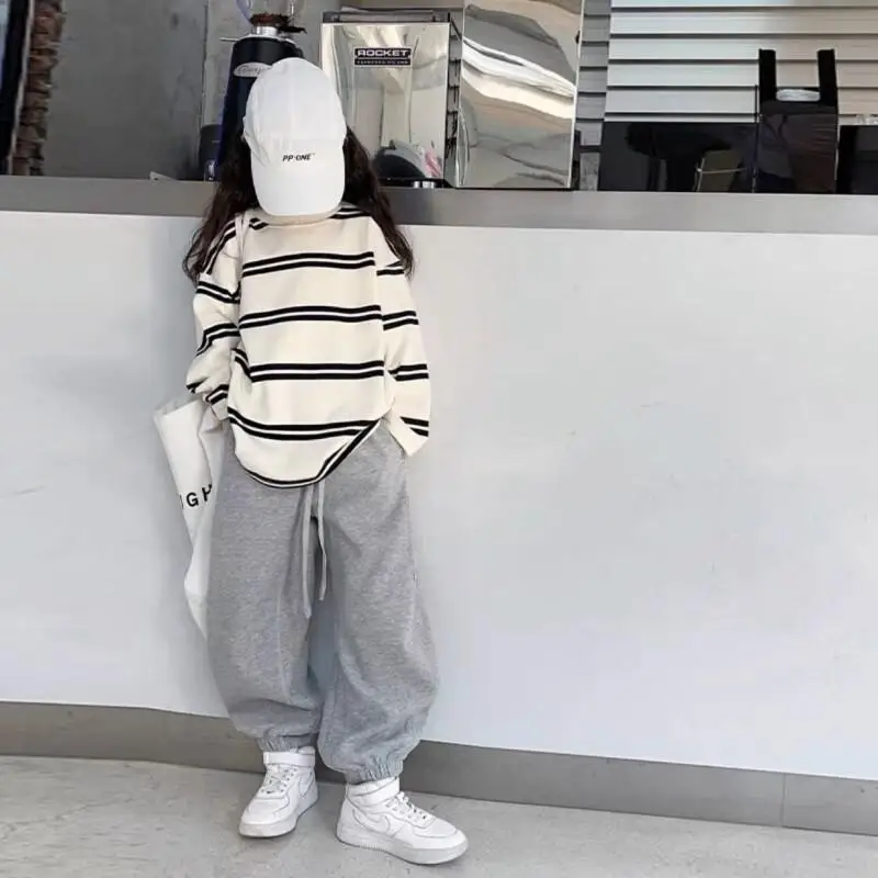 Girls Long Sleeve 2 Piece Outfit Striped Hoodie and Jogger Pants Set Korean Style Autumn Casual Clothes for Big Kids Trendy