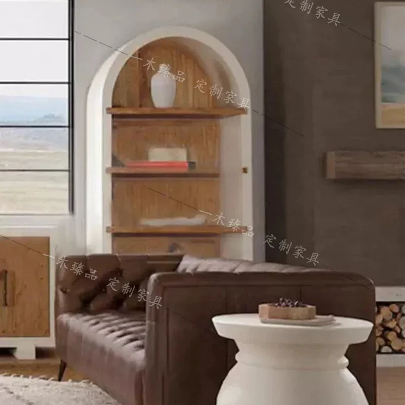 

American light luxury solid wood simple living room two-color doorless storage rack French retro arched decorative cabinet