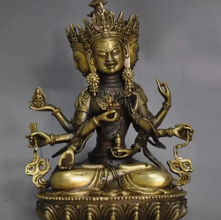 Old Tibetan bronze Buddhism Phurpa Three heads Eight arm Tara Kwan-Yin statue