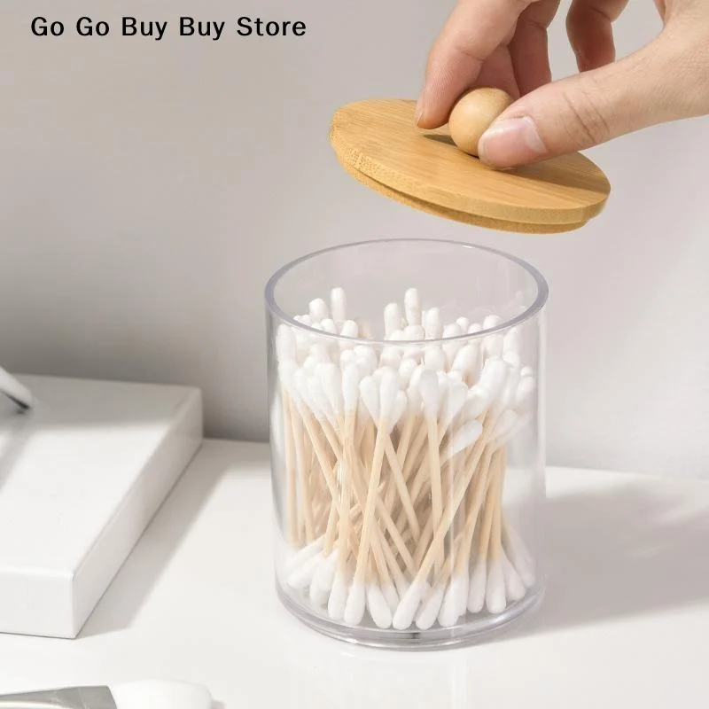 【S】Cotton Swab Storage Box Double Head Wood Baby Cotton Swabs Transparent Square Bamboo Cover Cotton Buds Toothpick Organizer