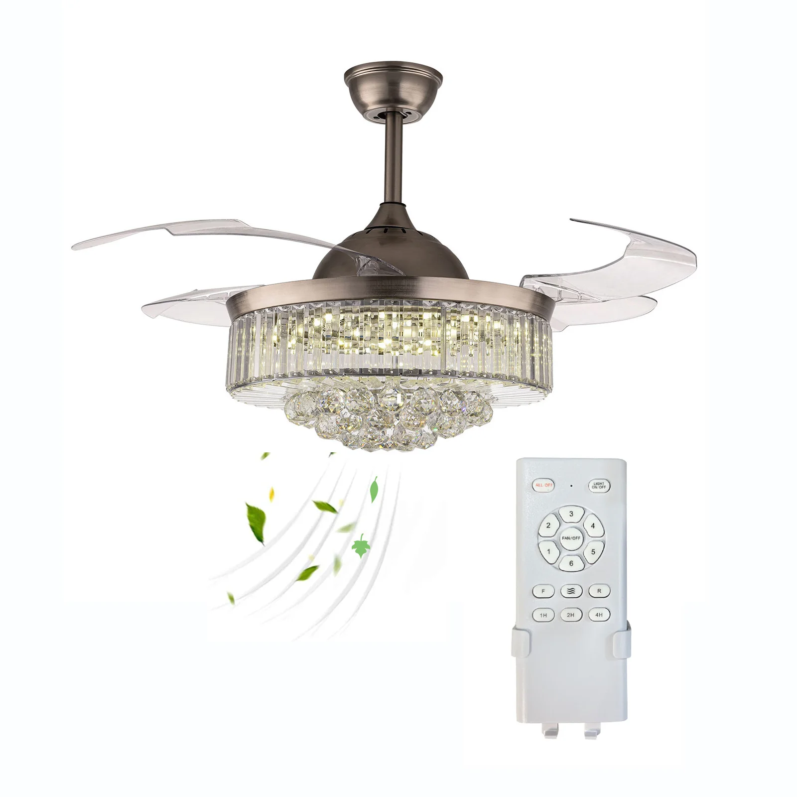 36'' Modern Crystal Dimmable LED Ceiling Light Chandelier Lamp With Fan + Remote for Home Application