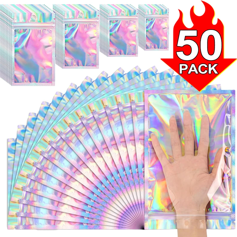 50-10Pcs Laser Sealing Bag Holographic Resealable Bags Zipper Pouch Packaging Storage Bag for Food Storage Candy Favor Supplies