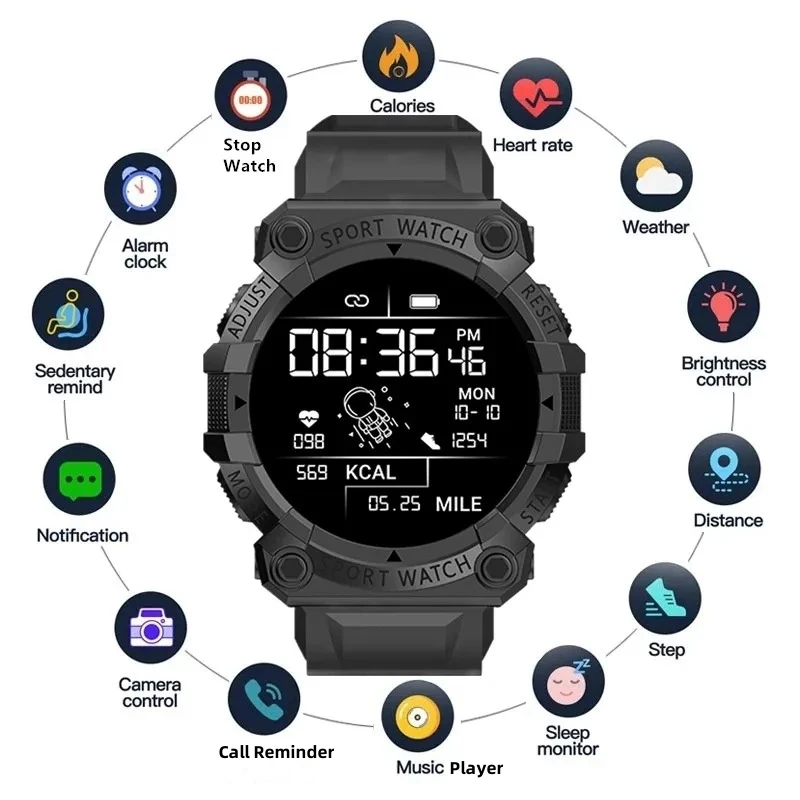 Montre de sport intelligente noire, rappel Bluetooth, écran de document, surveillance de la santé, tracker de fitness portable, Fd68s