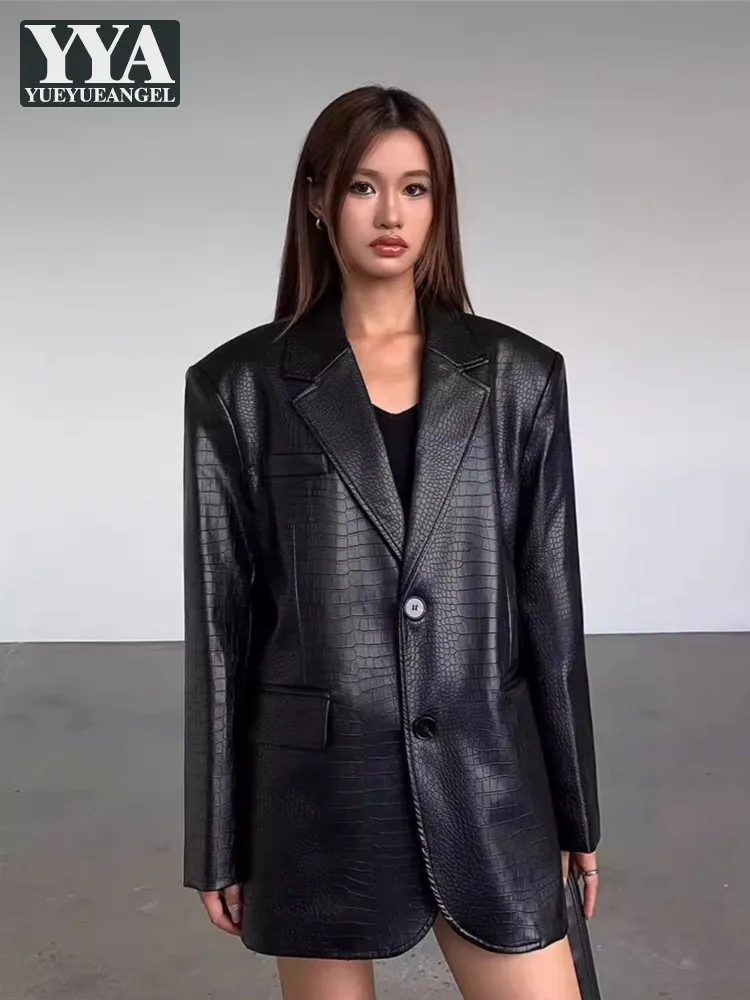 New Spring Women Fashion Black Faux Leather Crocodile Print Blazers Lapel Chic Loose High Street Suit Jackets Casual Outerwear