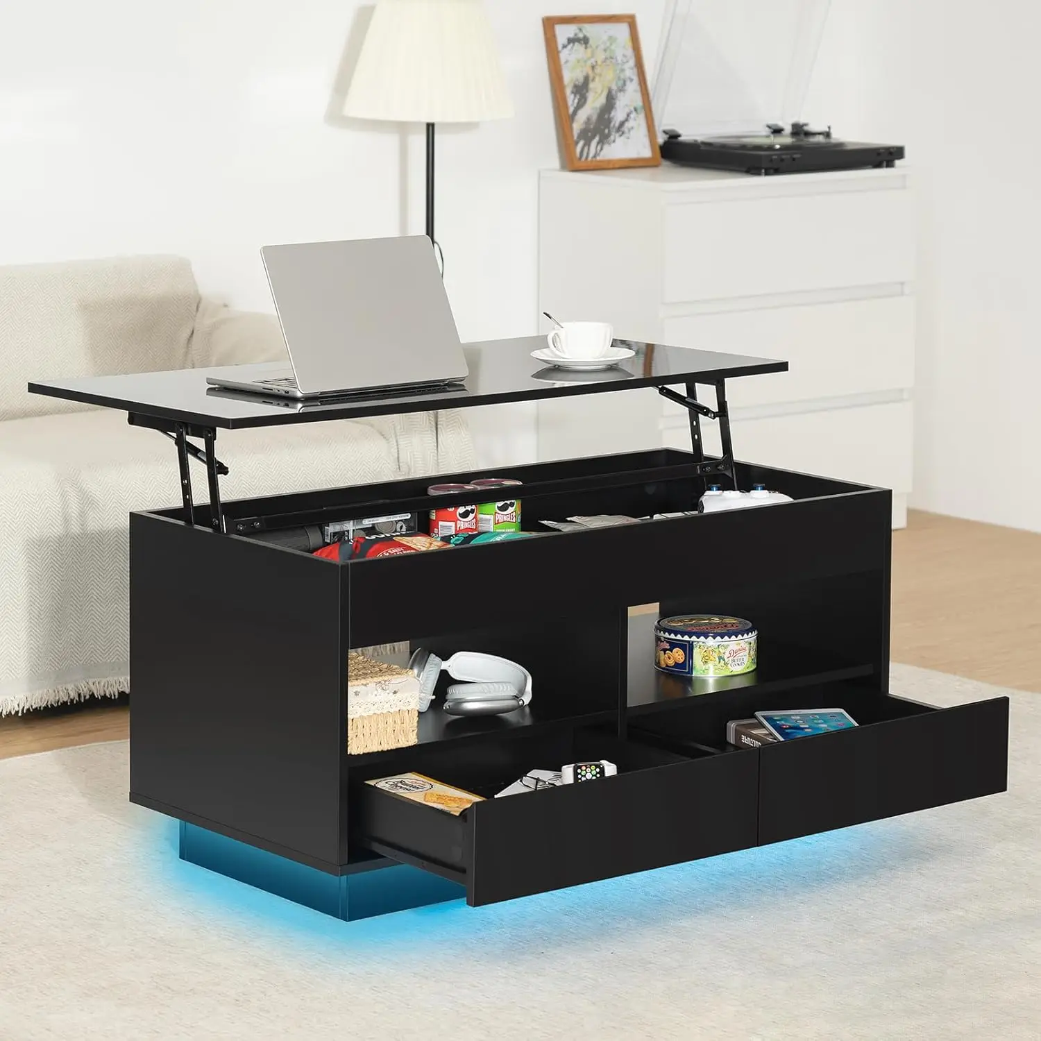 

Lift Top LED Coffee Table High Gloss Hidden Compartment 2 Shelves 2 Drawers Living Room Furniture Black Customized