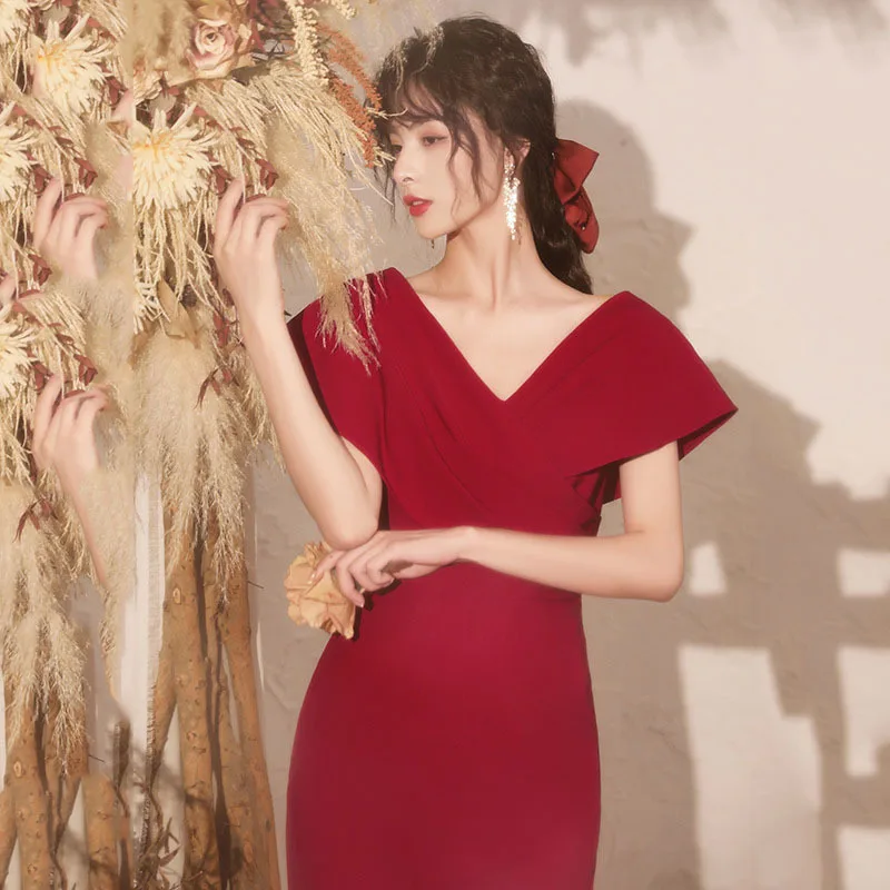 Vestido de noiva vermelho com decote em v, costas nuas, temperamento, banquete, vestido de noite, vestidos irregulares, estilo longo, vestidos de fiesta