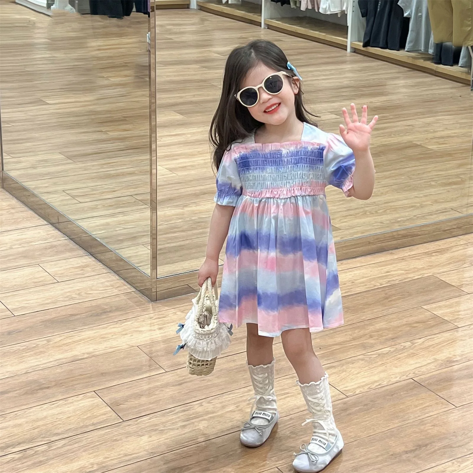 Children Dress 2024 Summer Korean Girl Sweet Craft Pull Blending Gradient Cotton Dress Girl Fashion Beach Style Skirt Dresses