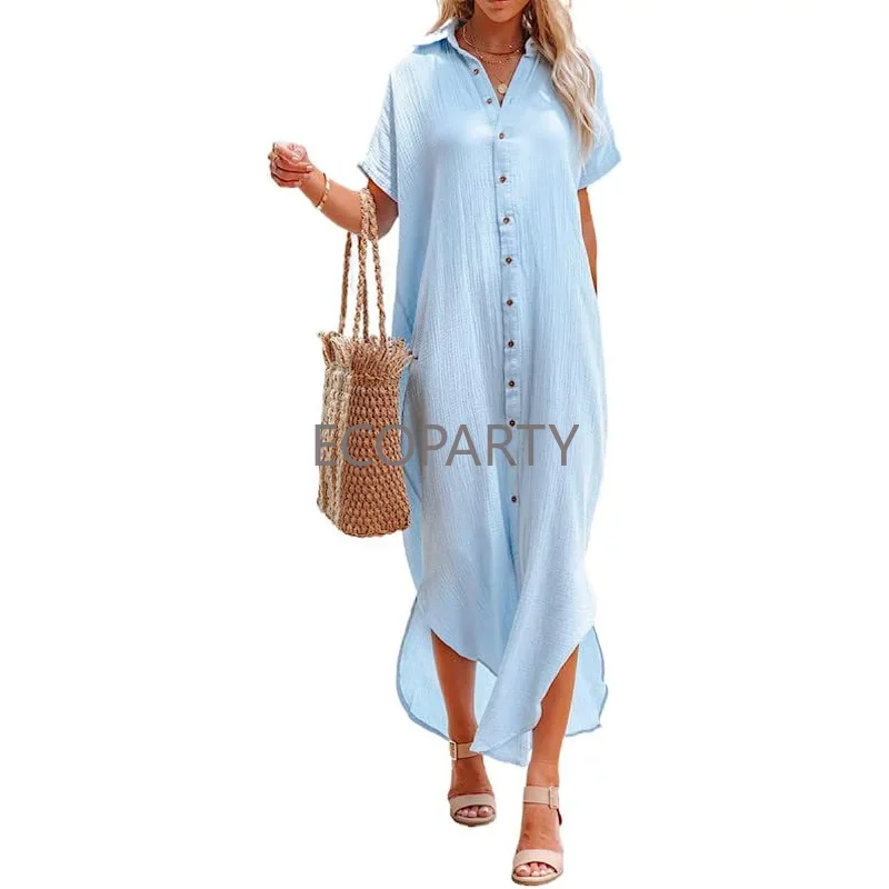 Womens Daily Fashion tinta unita Casual manica corta con spacco laterale bottone lungo cardigan camicia abito costume da bagno Cover up Beach Dress