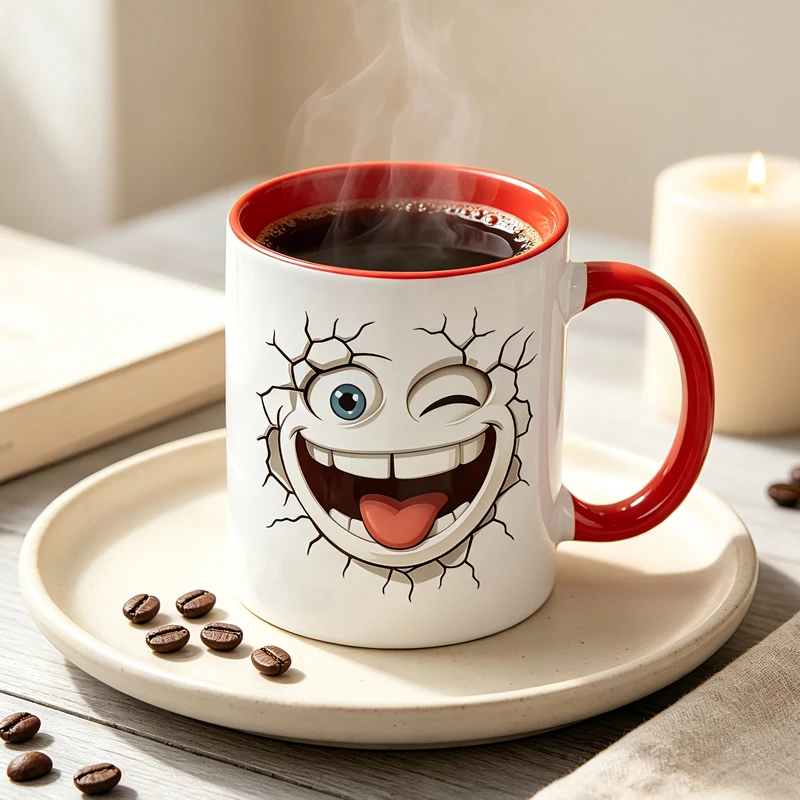 Single Smiley Face Breakthrough Ceramic Coffee Mug - 11oz, featuring a unique design perfect for holidays and New Year's.