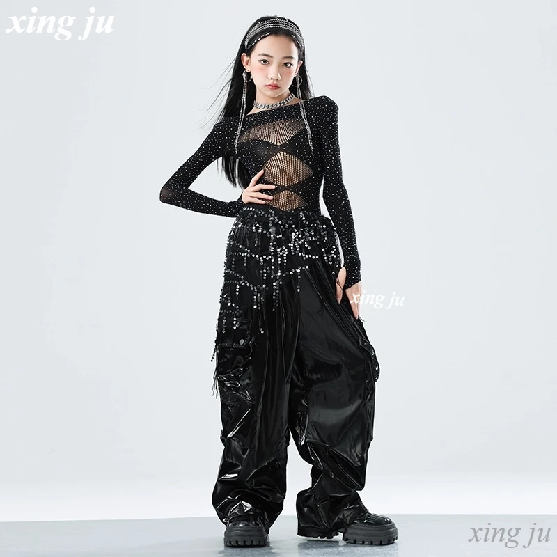 Kids Hip Hop Stage Performance Outfits Kinderen Jazzdans Kostuum Meisjes Street Dance Zwart Mesh Hollow Out Tops Leren Broek