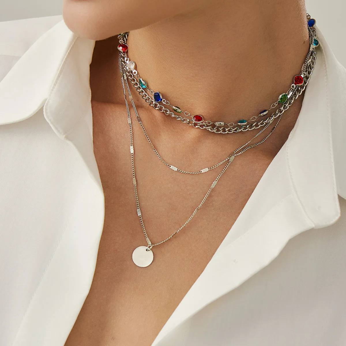Necklace Circular Pendant Crystal Link Chain with Premium Gold Plated Clasp for Women Refined Elegant Versatile Daily