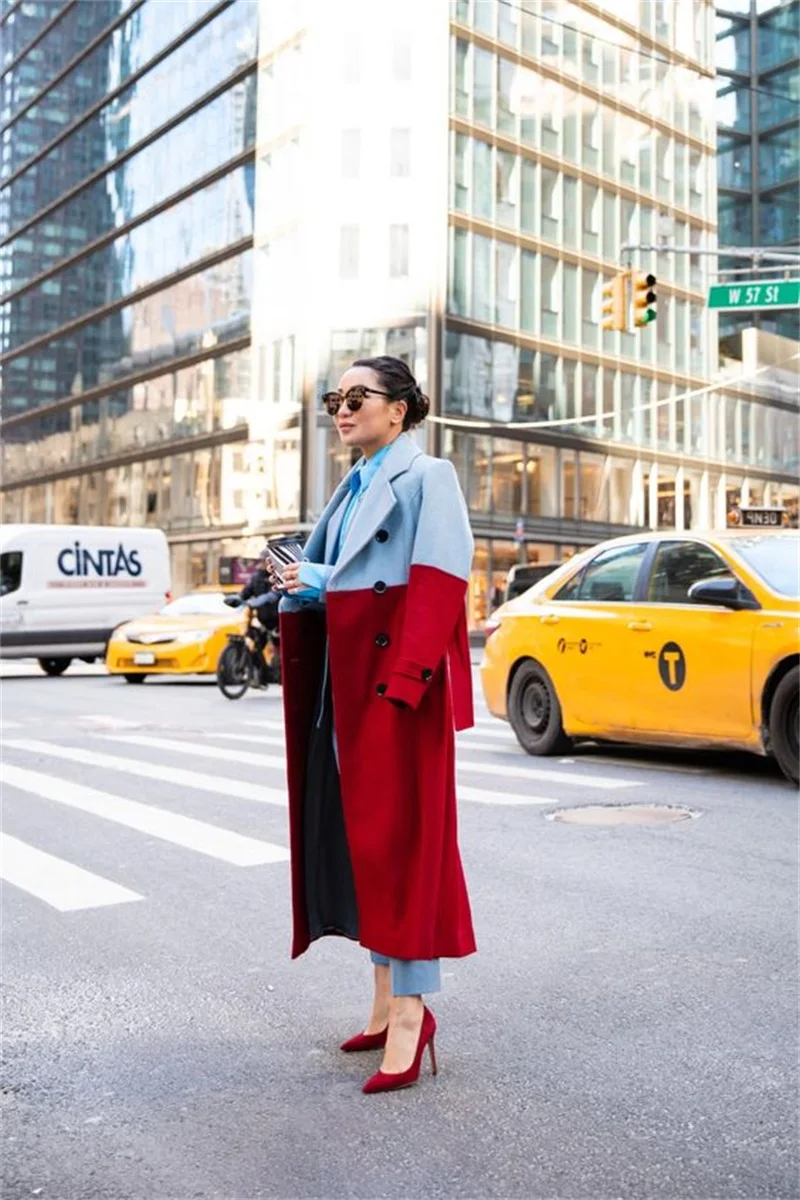 Designer Woolen Women Suit Blazer Tie Waist Long Overcoat Winter Thick Trench Coat Custom Made Splicing Color Jacket Prom Dress