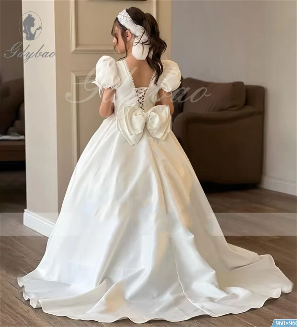 Robe de Princesse en Satin Blanc pour Fille, Élégante, à Fleurs, Col Carré, Manches Bouffantes, pour ixd'Anniversaire, Première Communion, 2025