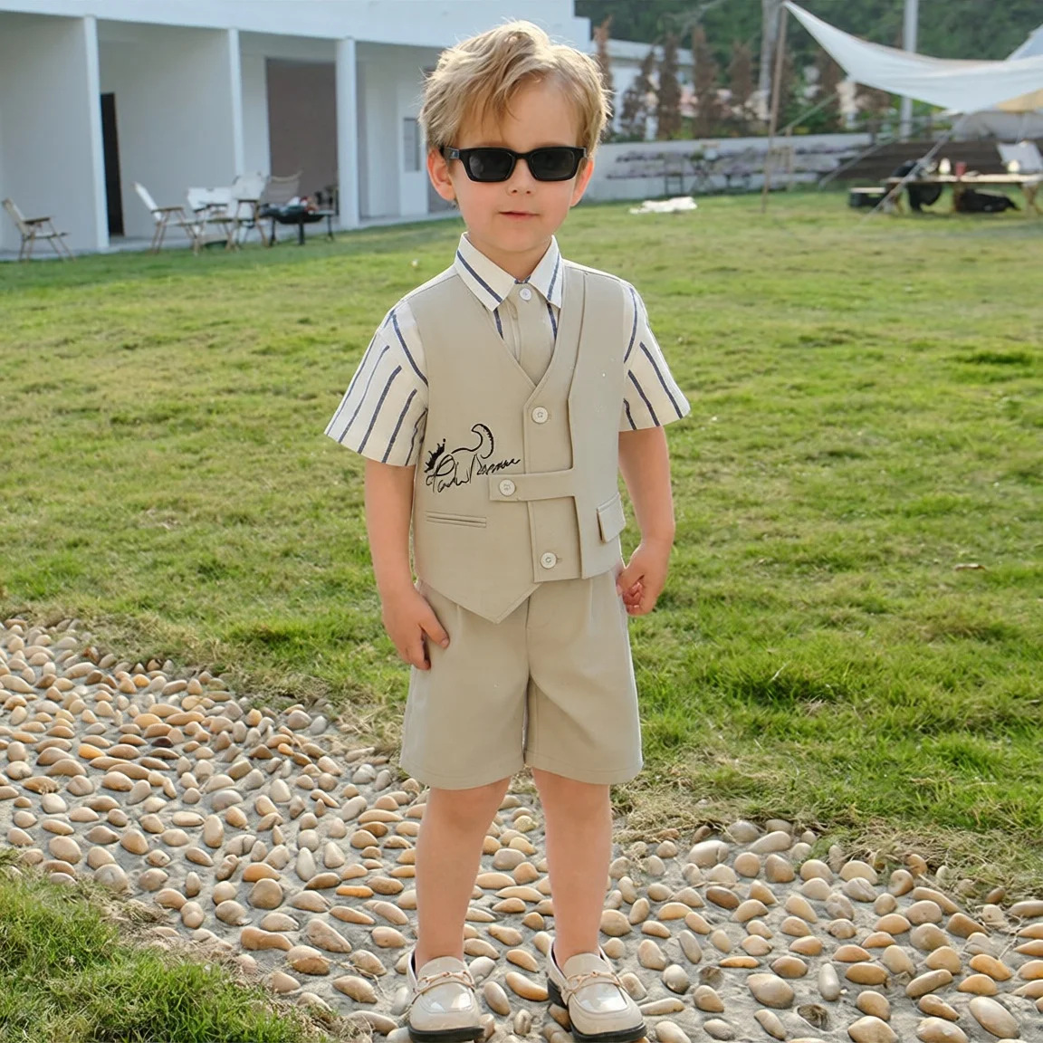 Children's Spring/Summer Suit Gentleman Stylish Vest Set Flower Boy First Birthday Outfit Boys' Host Performance Costume