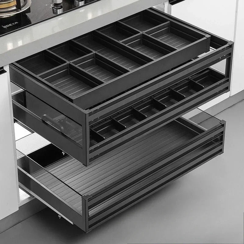 Armario de cocina inteligente de larga duración, cesta extraíble, tipo cajonera, aleación de aluminio de tres capas, cajón central, baske para platos
