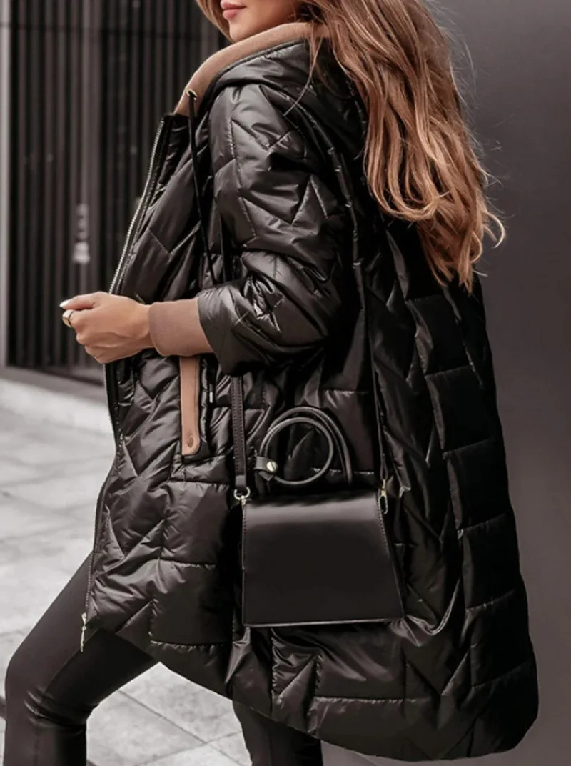 Winter Hooded Loose Solid Color Zipper Cotton Jacket Women Quilted Puffer Coat Fleece Lined Long Warm Irregular Hem Outerwear