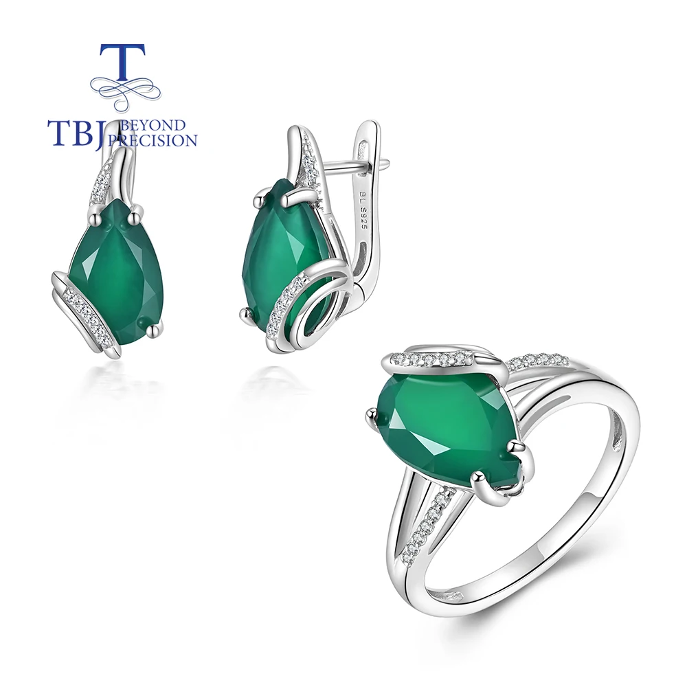 

Fashion design natural green agate Ring Earrings jewelry set women's anniversary daily wear 925 sterling silver