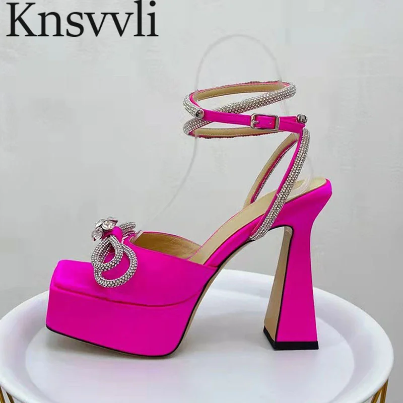 

2022 Novelty Platform Sandals Women Satin Crystal Ankle Strap Pumps Shoes Women PVC Square Peel Toe Party Heeled Sandals Woman