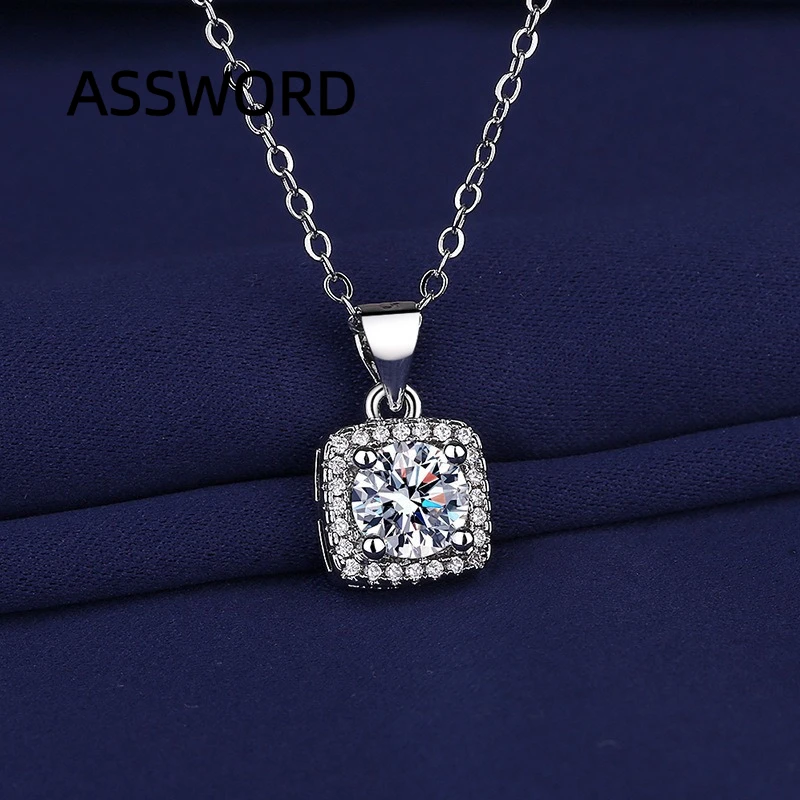 925 Sterling Silver Square Halo Cubic Zirconia Necklace Women Luxury Round Stone Pendant Clavicle Chain Wedding Jewelry Gift