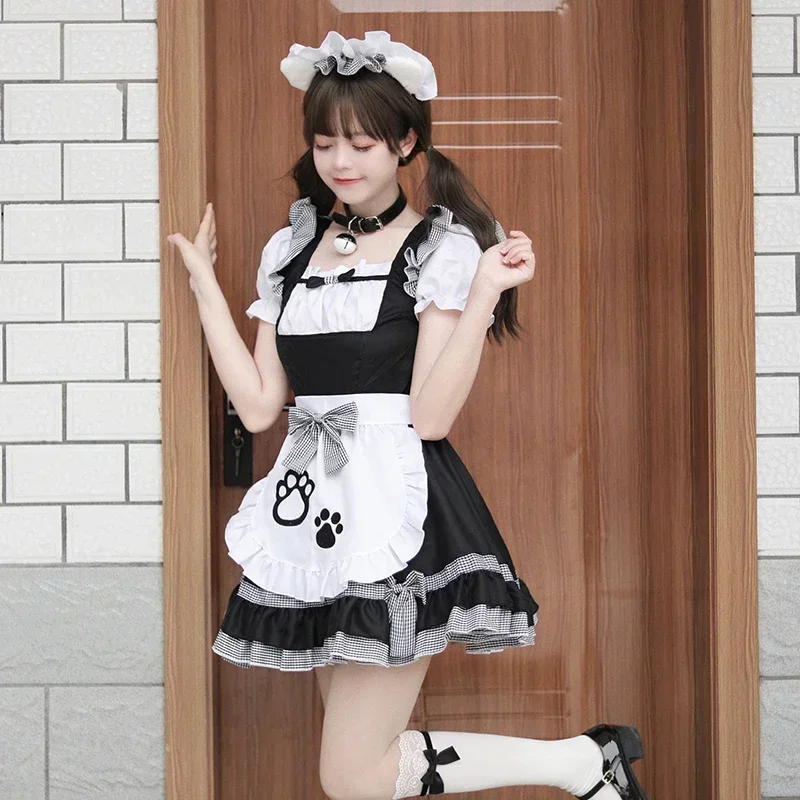 Halloween  Black Pink Cute Lolita Sexy Maid Outfit Apron Dress Bell Choker Anime Cosplay Costume Women Coffee Waitress Uniform view 4