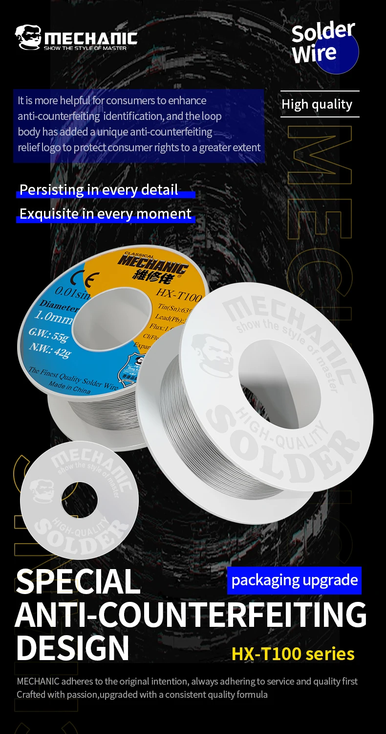 MECHANIC OFFICIAL HX-T100 55G High Purit Low Melting Point Fine Solder Wire Rosin Core 0.2mm-1.2mm For Mobile Phone Repair