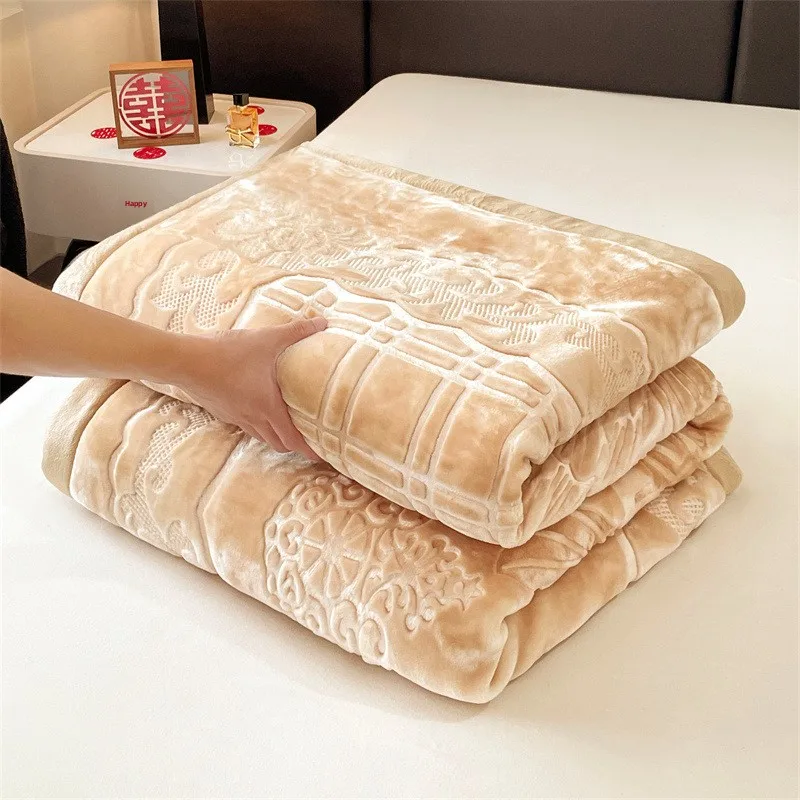 High-end Gift Bridal Thick Raschel Embossed Solid Color Blanket Model 5665 5kg Home Use Milk & Coral Fleece Autumn Winter Warm