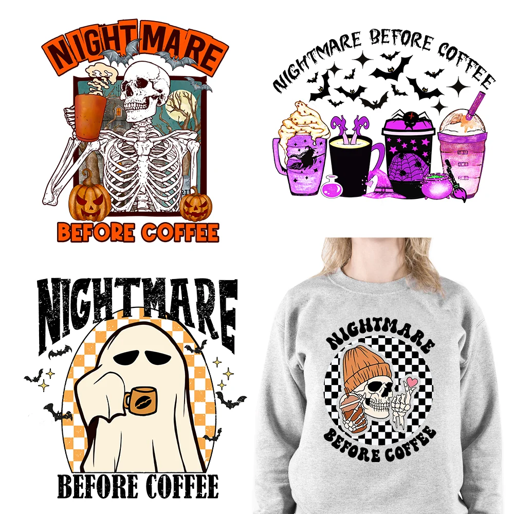 

New Nightmare Before Coffee Emotional Support Drink Stickers Halloween Ghost Skeleton Logo DTF Transfer Decals For Clothes Bags