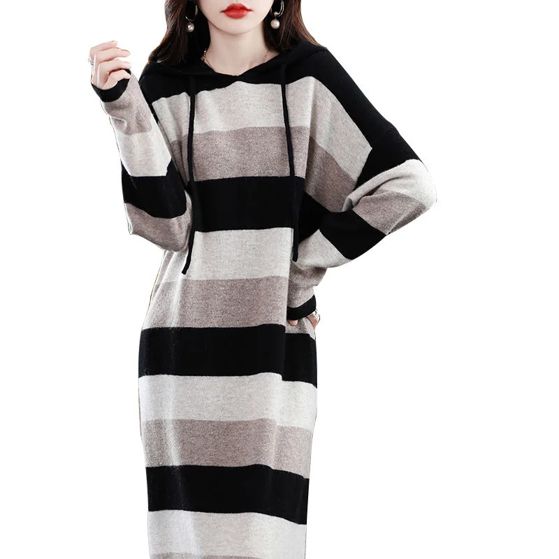 Autumn Winter Women Hooded Dress Stripes Loose Long Section The Knee Sweater Dress Female Western Style Knitted Bottoming Dress