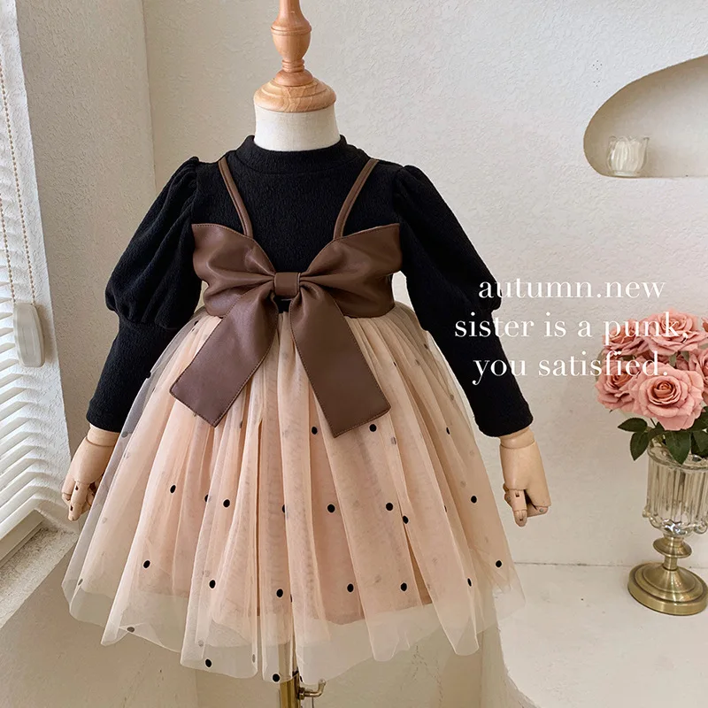 Girls Autumn Dress Korean Style Big Bow Mesh Princess Dress Kids Bow Long Sleeve Birthday Party Dot Dress Kids Vestidos Clothes