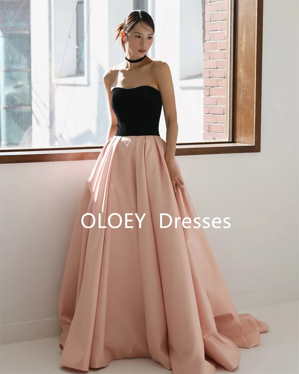 

OLOEY Simple Strapless A Line Prom Dresses with Detacgable Sleeves Korea Photoshoot Floor Length Wedding Party Gowns Customized