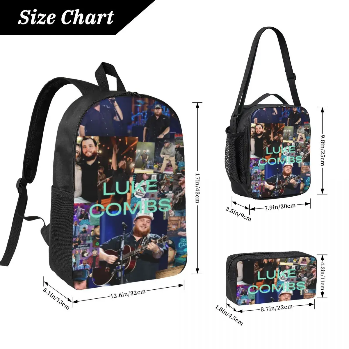 3Pcs Lukes Combs Tour 2026 Backpack Set for Boy Girl Pen Bags Bookbag Sets with Lunch Box For School Students Daypack