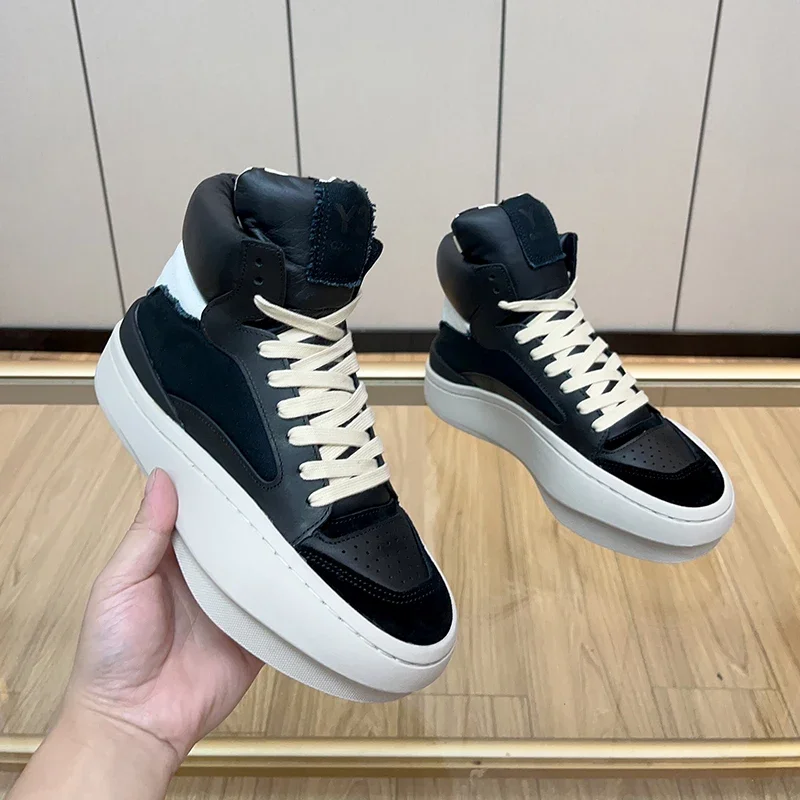 Handcrafted Men's Casual Sneakers Cow Leather High-top Shoes Man Platform Heighten Trainers Winter Ankle Boots Man Black Shoes