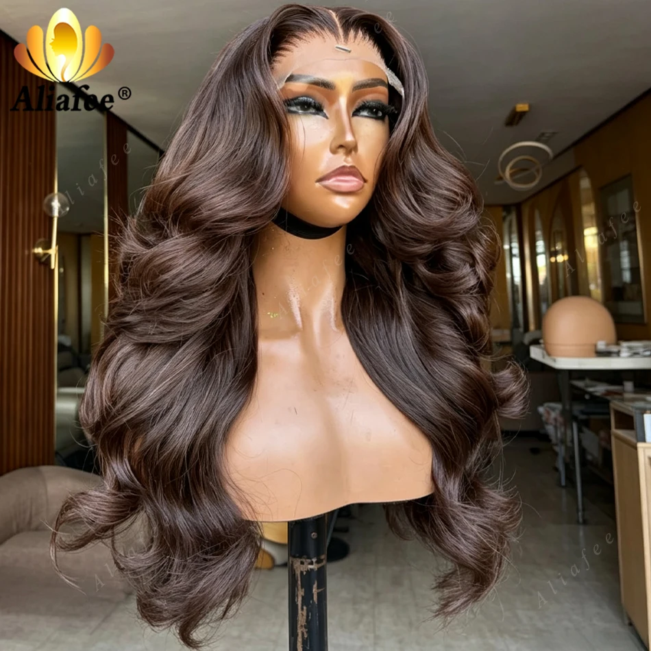 

High Quality Elegant Texture Deep Coffee Brown Body Wave Wig 13x4 Transparent Lace Frontal Human Hair Big Wavy Thick Density Wig