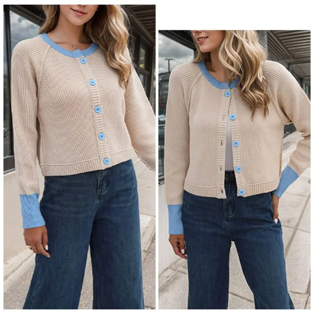 Cárdigan de punto cómodo para mujer, suéter acanalado elegante, abrigo, cárdigan de bloque de Color para mujer, Chaqueta de punto con botones para A