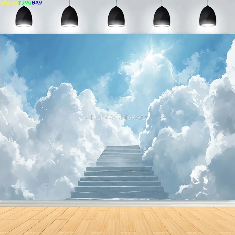 

Vivid Rainbow Blue Sky White Clouds Photography Backdrops Abstract Peaceful Dove Stairway Heaven Path Photo Background KY-05