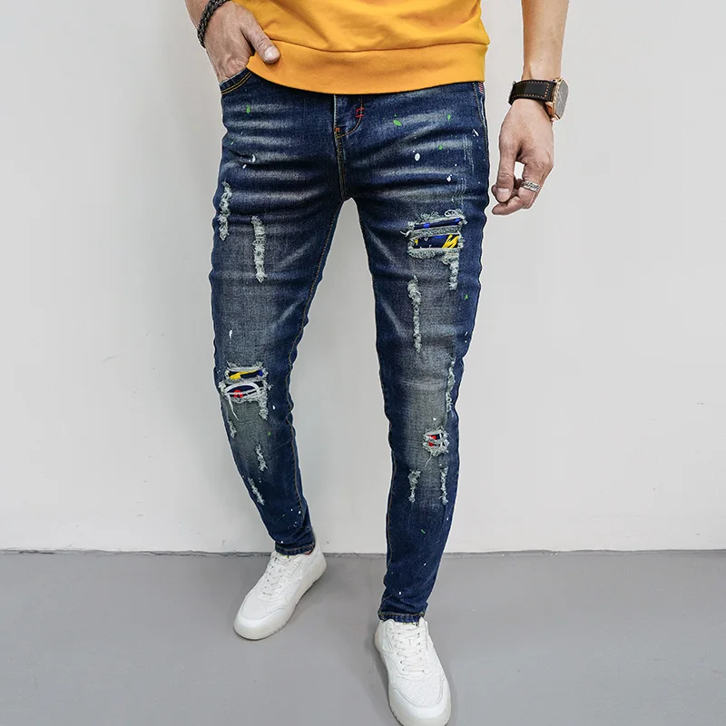 New Fashion Street Skinny Jeans Men Vintag Ewater Washing Distressed Patch  Trouser Mens Casual Slim Fit Pencil Denim Pants Blue