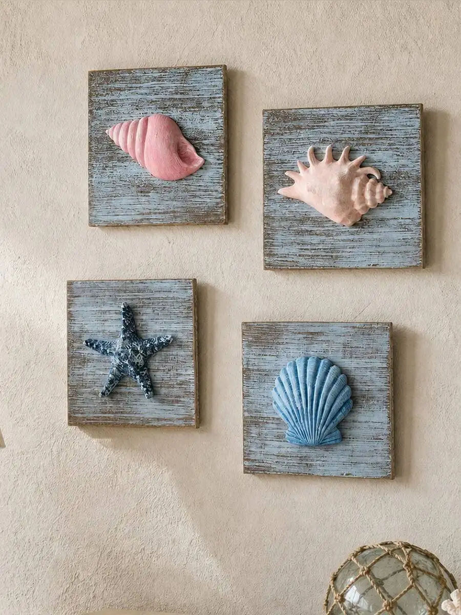 Mediterranean ocean style shell and starfish wooden 3D wall decoration set for living room, bedroom, and hotel