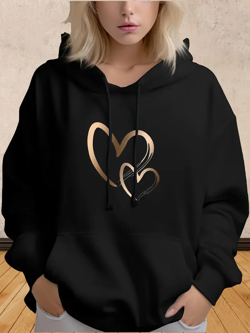 Plus Size Hoodie For Women Sweatshirts Heart Printed With Drawstring Fall Winter Season Clothing For Everyday Wear 550gsm