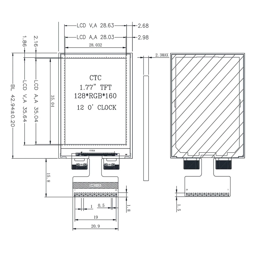 1.77 Inch LCD Screen TFT Display 128*160 20PIN Driver ST7735S Colour 1.8 Inch Display Module FPC Interface Solder