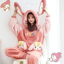 Kawaii Anime Sanrioed My Melody Hello Kitty Winter Women's Pajamas Hooded Cartoon Thickened Coral Velvet Nightwear Warm Homewear