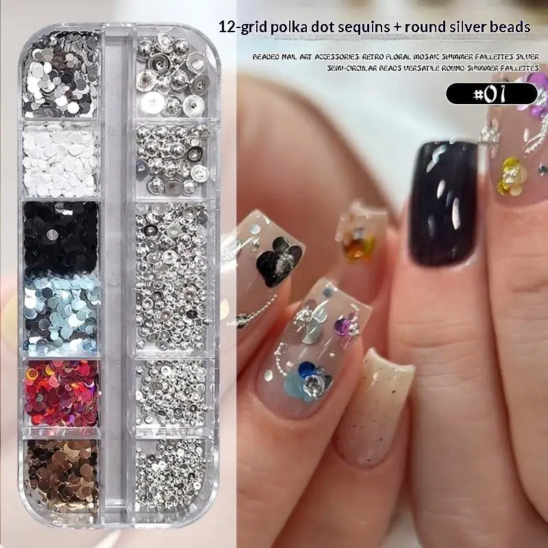 1 Box 6/12 Grids Round Nail Glitter Sparkling Flakes Nail Charms Manicure Decor 3D Spliced Flower Polka Dot Nail Art Sequins