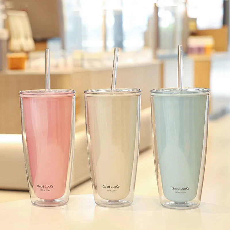 750ml Double-Layer Plastic Straw Cups With Lids BPA Free Water Bottle For Drinking Tea Coffee Mug Juice Milk Water Cup Drinkware