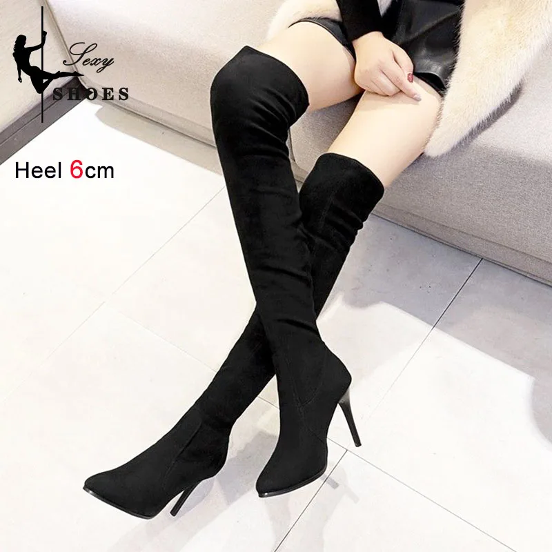 Over-the-knee Long Tube Boots Women\'s New Winter Plush High Heels 6cm 8cm 10cm Black Suede Pointed Toe Thin Heels Party Shoes