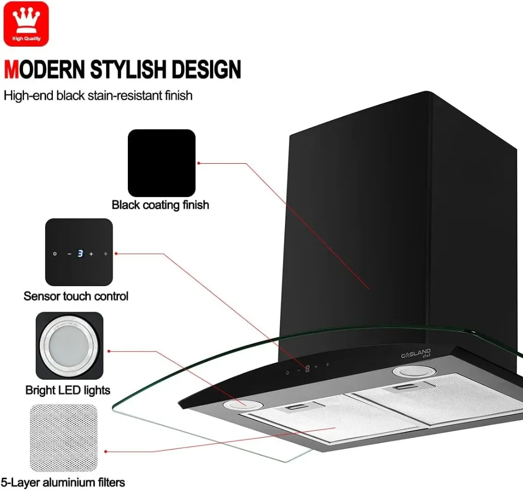 36" Range Hood, GASLAND Chef GR36BS Glass Wall Mount Range Hood Black, 3 Speed 350 CFM Ducted Kitchen Hood
