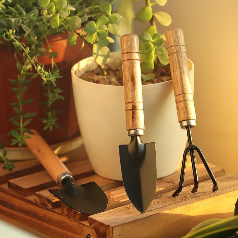 

3pcs Mini Gardening Potting Tool Wooden Handle Shovel Rake Shovel Multifunctional Household Plant Flowers Bonsai Plant Tools