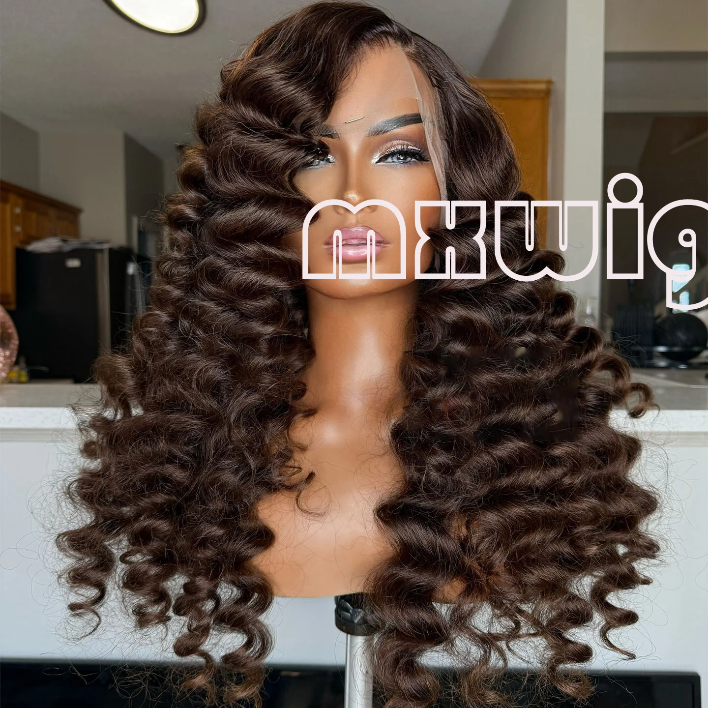 MXWIG Synthetic Hair Brown Dark Loose Curly Glueless 13X4 Lace Front Wig For Black Women Preplucked  Daily Fiber Cosplay